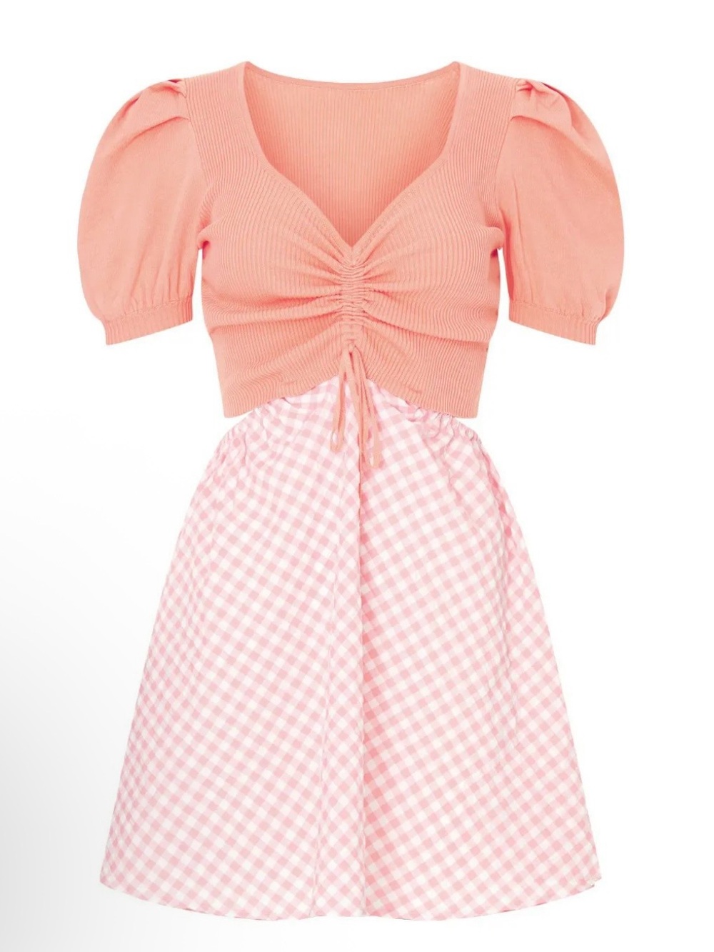 Peach Gathered Knit Top & Gingham Skirt Dress